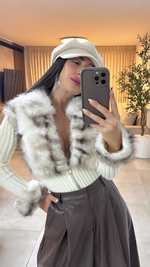 סריג בשילוב פרווה חולצה קרם O.S שני בוטיק מעצבים