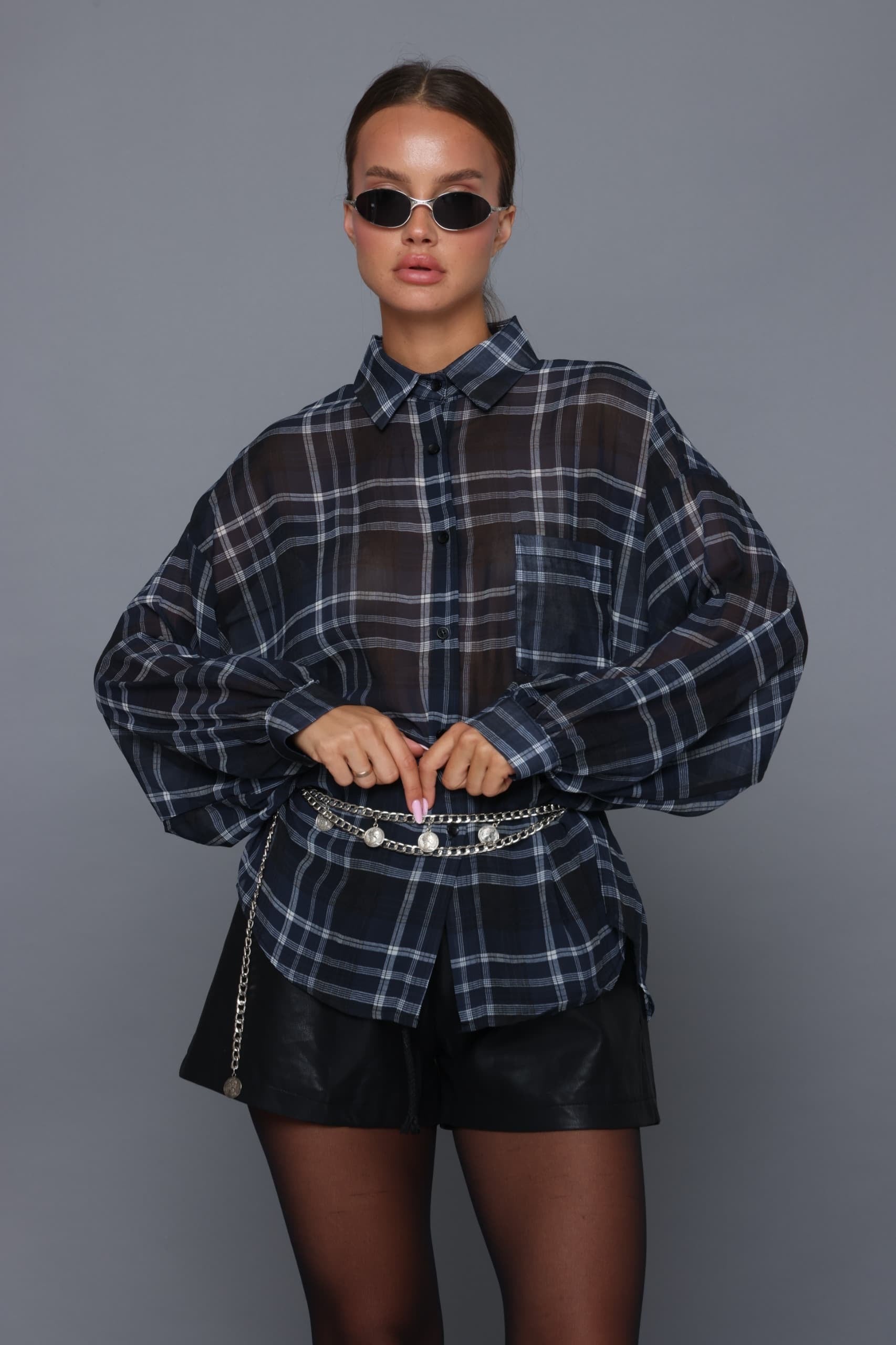 חולצה משובצת שקפקפה חולצה כחול O.S קסארה