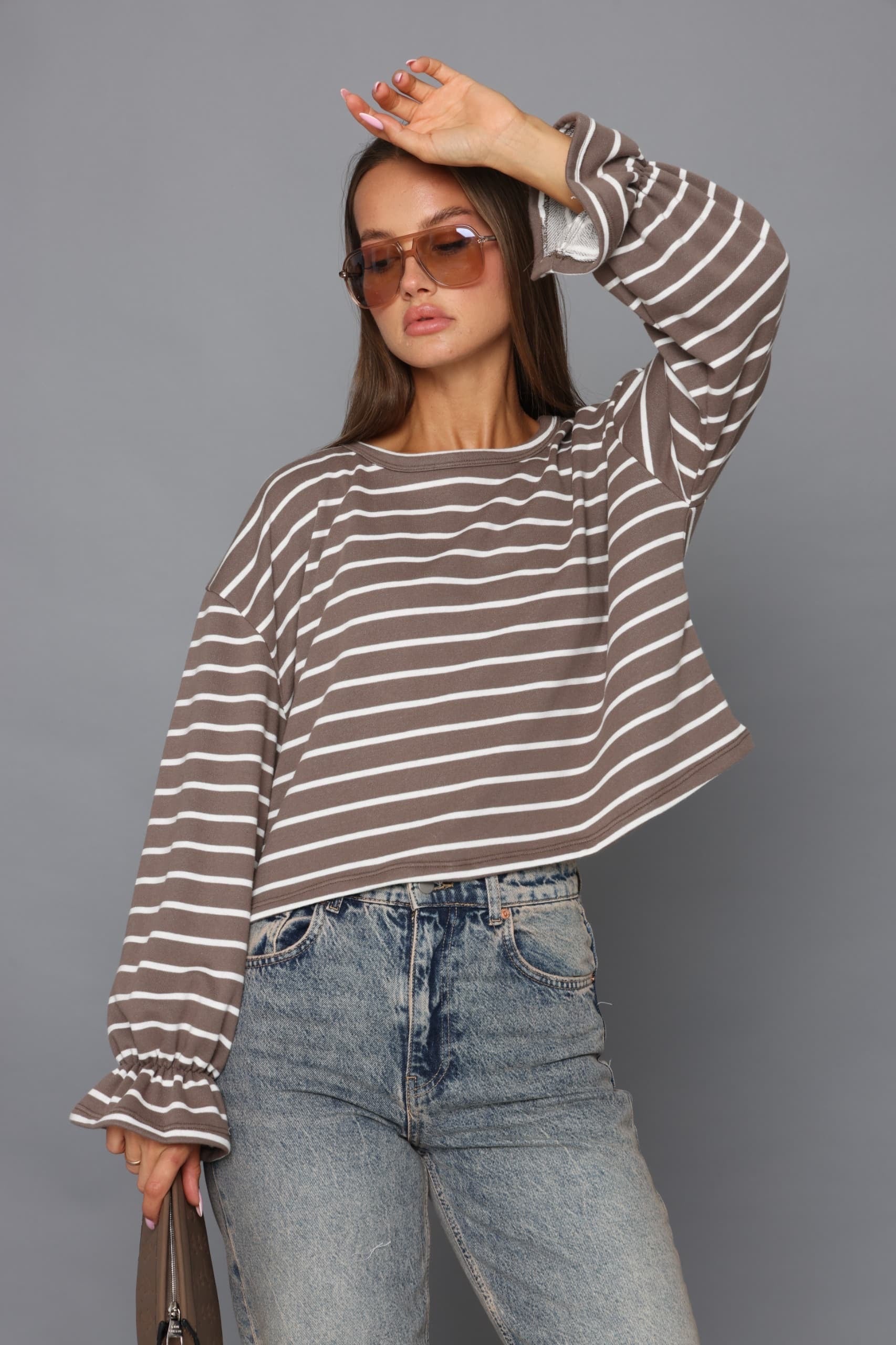 חולצת פסים קרופ חולצה חום O.S קסארה